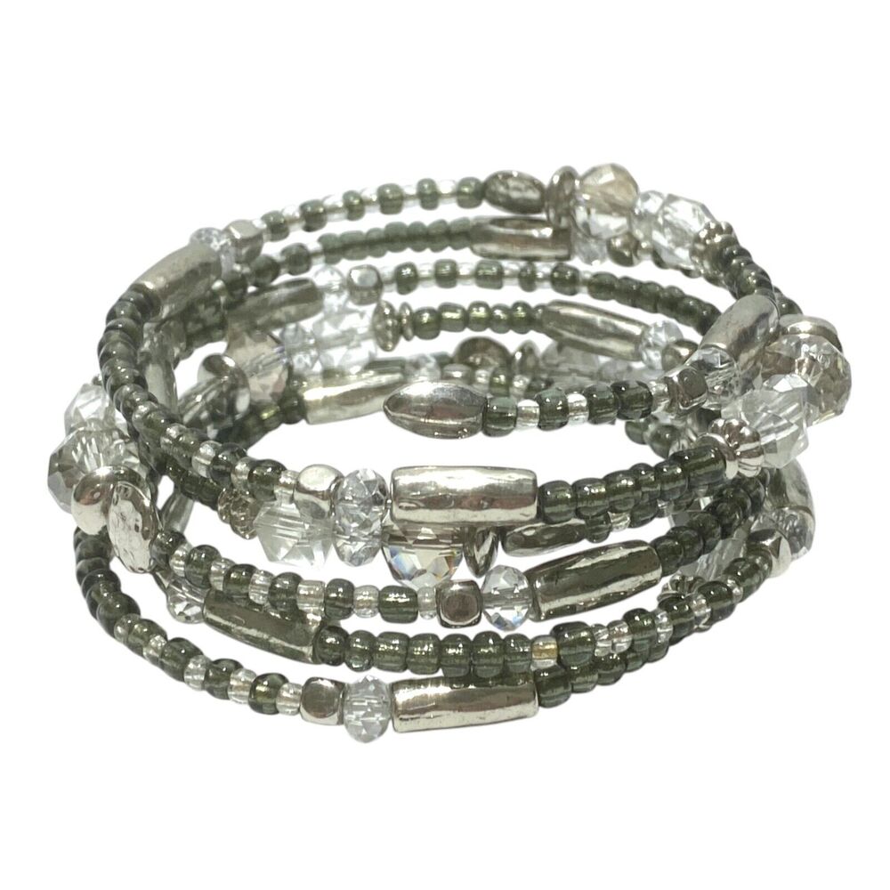 Boho Wrap Bracelet Silver Tone Metal Gray Faceted Bead Casual Coiled Memory Wire